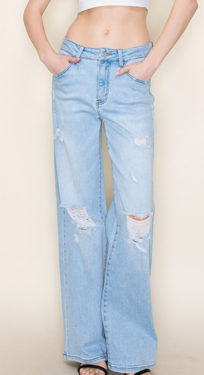 Fiore High Rise Distress Wide Leg Jeans