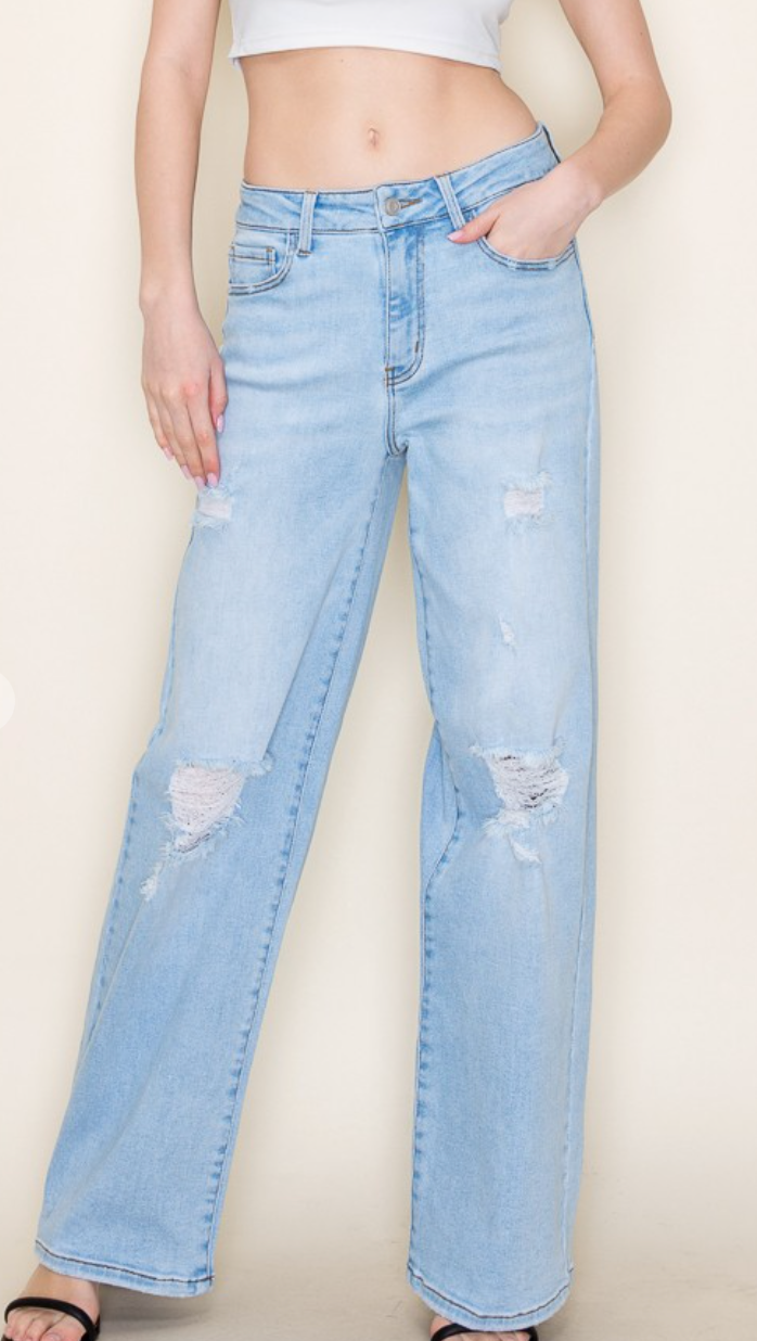Fiore High Rise Distress Wide Leg Jeans