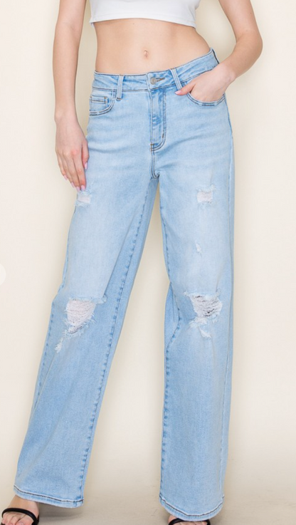 Fiore High Rise Distress Wide Leg Jeans